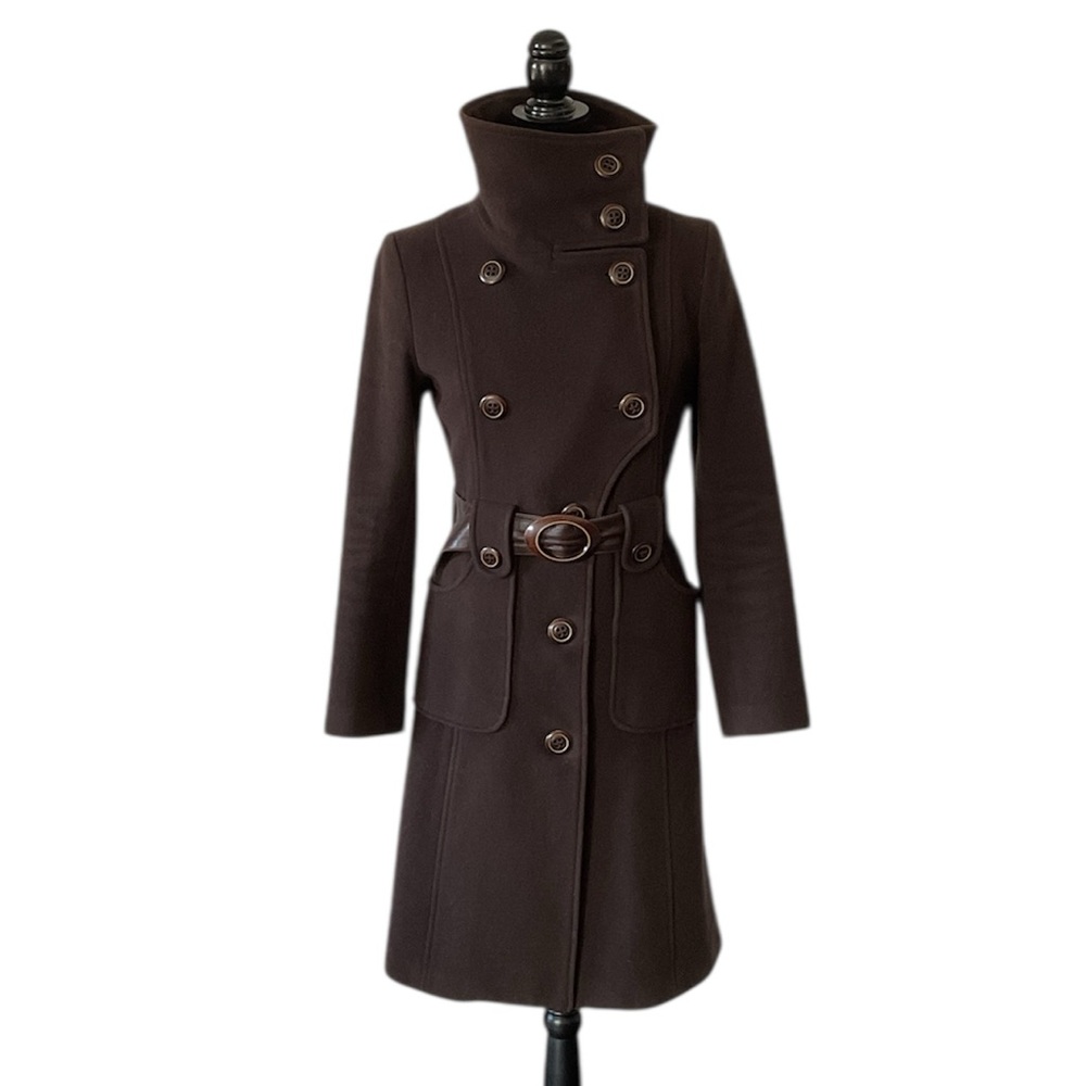 Women's Dark Brown Double-Breasted Belted Wool Coat